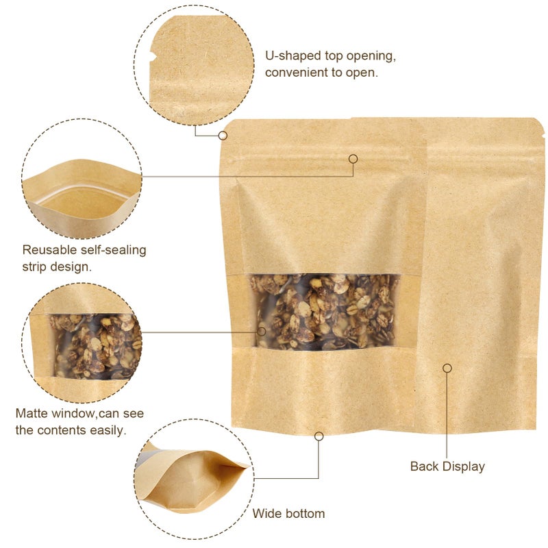 Blisstime Stand Up Pouch, 100 Pack Self-seal Kraft Paper Bags with Matte Window and Tear Notch Resealable Bags for Small Business and Home Use (4.7 X 7.9 Inches) - Image 5
